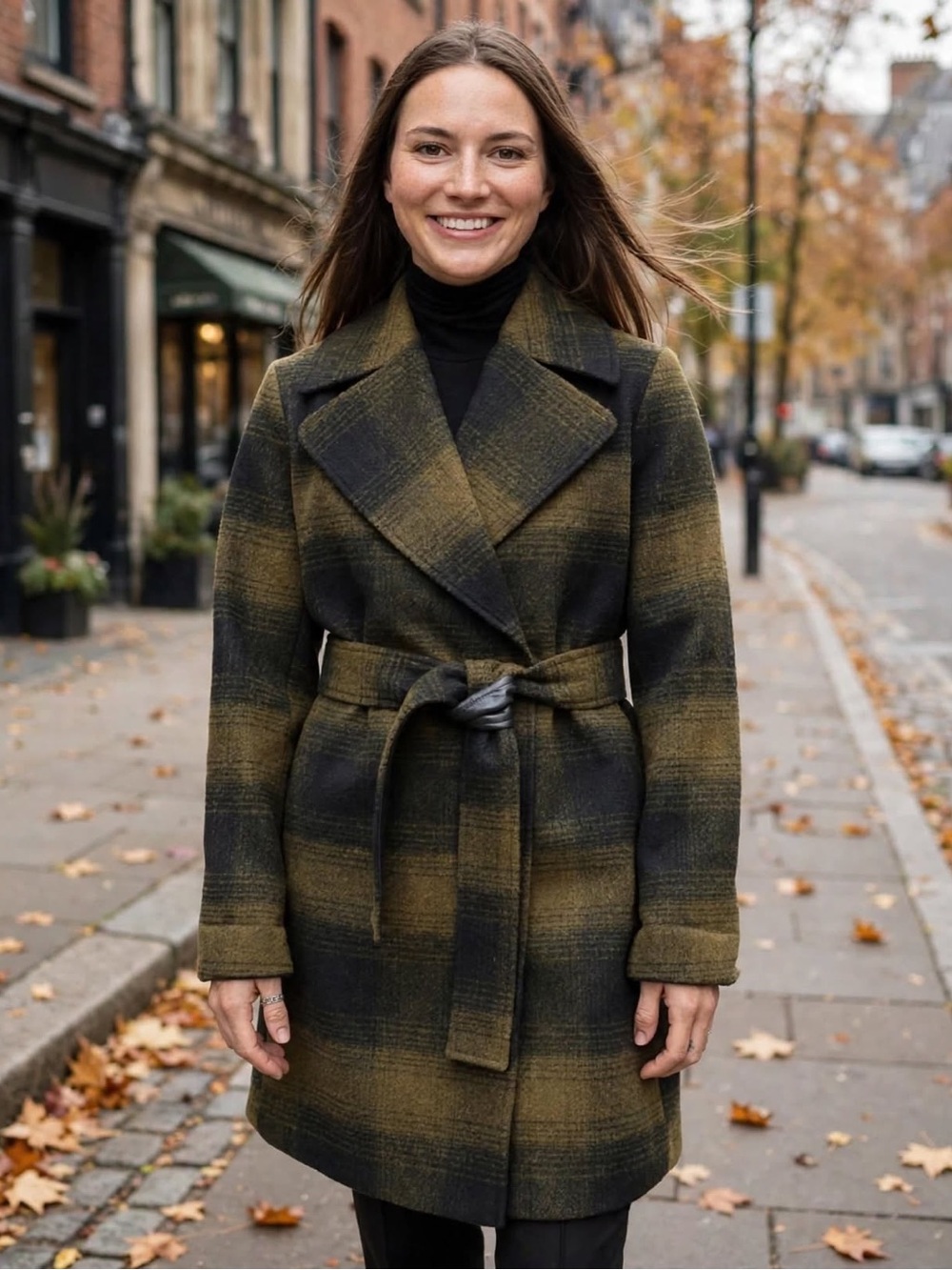 Frye Women's Plaid green and black Wrap Coat with leather trim. NWT size Medium
